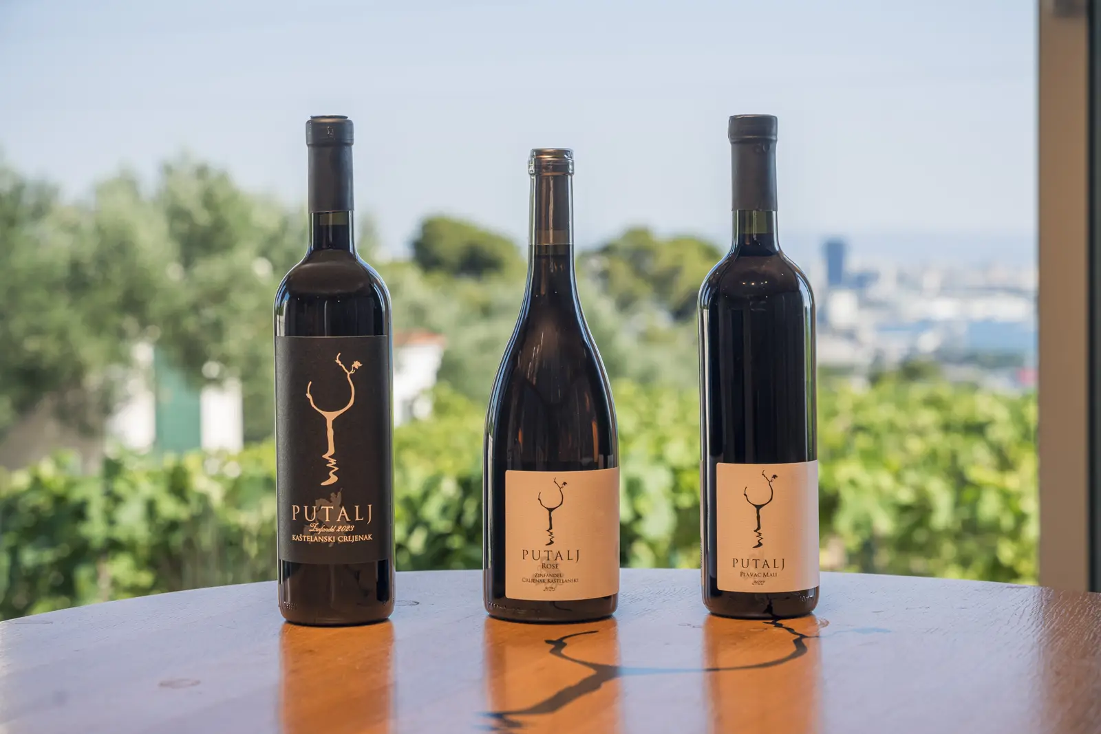 Three Putalj wines on a table above the vineyard, Split on the horizon